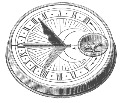 Montre solaire, qu'on oriente au nord. C'est l'ancêtre de nos horloges: observez que l'ombre varie dans le sens des aiguilles d'une montre...
